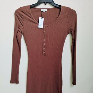 Brown henley ribbed long sleeve fitted dress - junior sizes